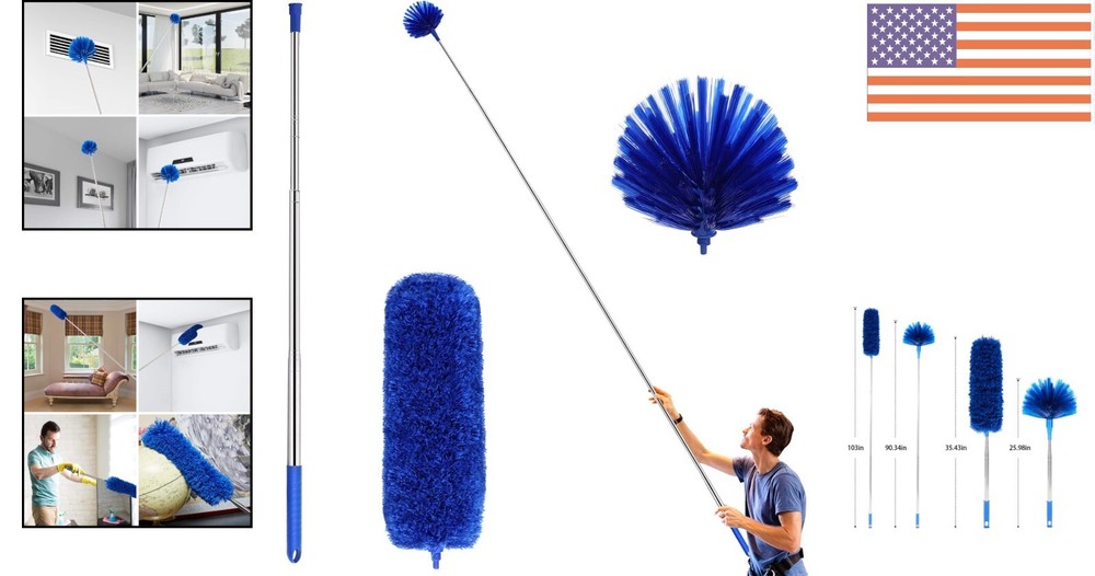 Versatile Cobweb Duster Set with Microfiber & Feather Heads – 100 Inch