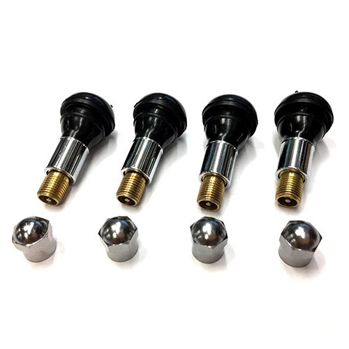 TR413 SNAP-IN TIRE VALVE STEMS WITH CAPS CHROME BLACK RUBBER (4pcs)