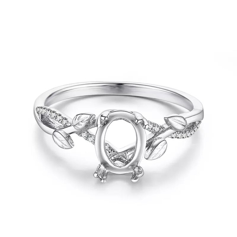 8x6mm Oval Semi Mount Wedding Ring Leaf Design Side Accent 925 Sterling Silver