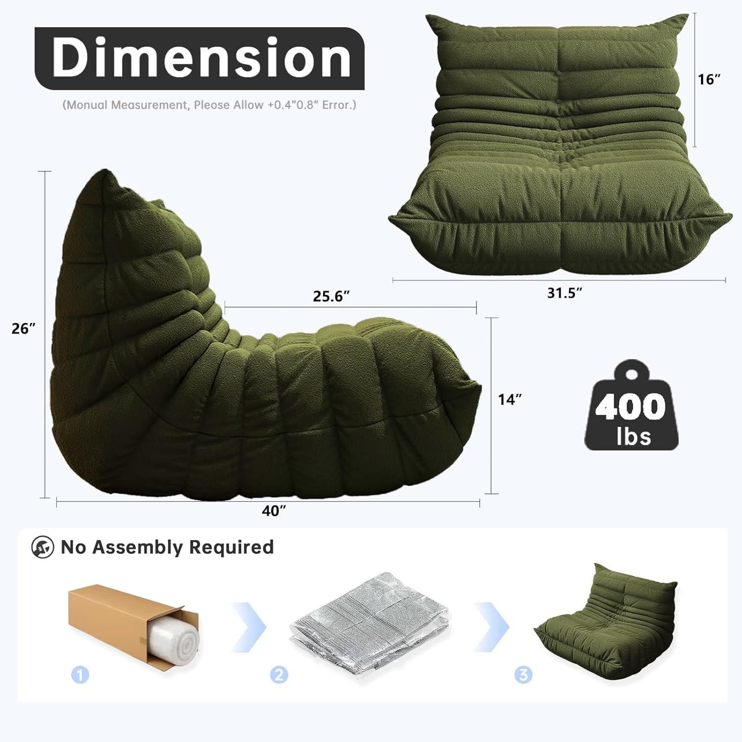 Memory Foam Bean Bag Chair for Adults, Teddy Material Beanbag Sofa with Filler,