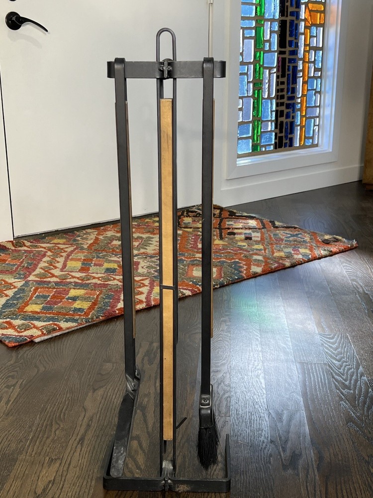 Mid Century Iron & Wood Fireplace Tool Set