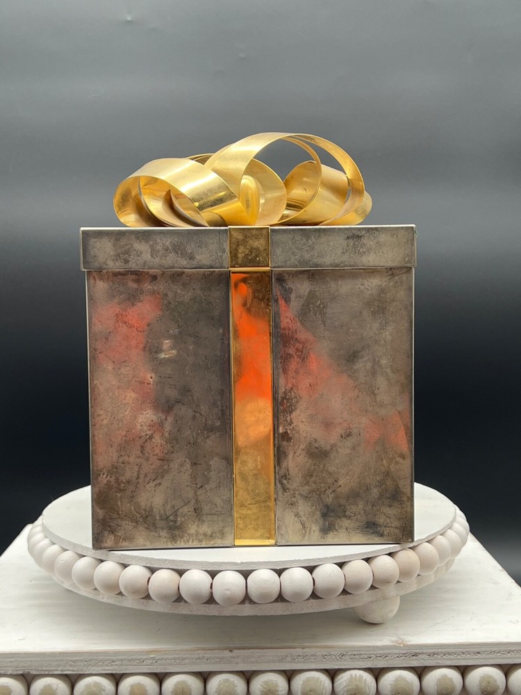 Godinger Two Tone Medium Present Box 6" Square 8"H with Bow Tarnished