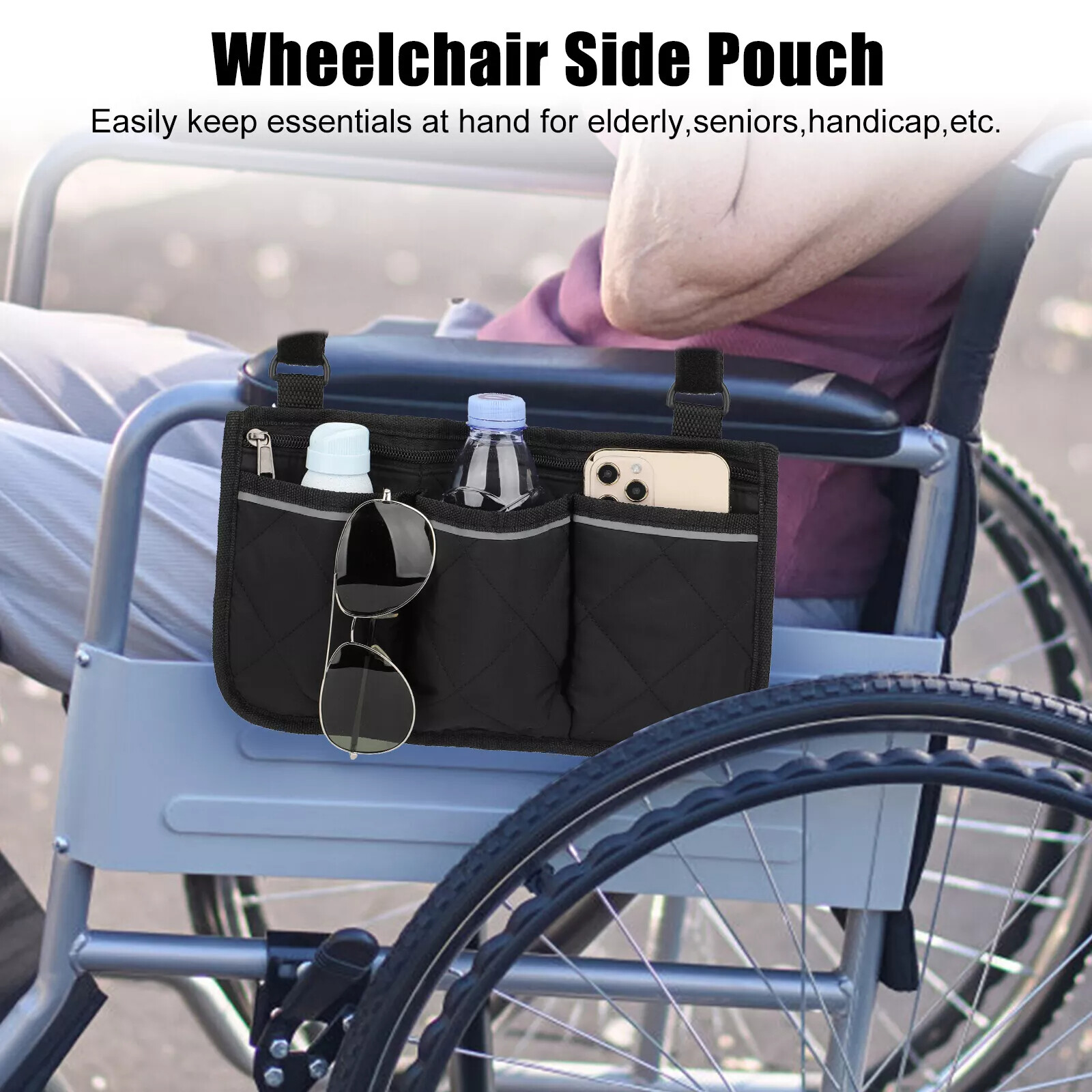 2-PACK Wheelchair Walker Side Pocket Organizer Armrest Storage Bag Holder Pouch
