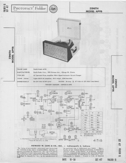 1958 ZENITH AP9B RECORD PLAYER PHONOGRAPH SERVICE MANUAL PHOTOFACT SCHEMATIC