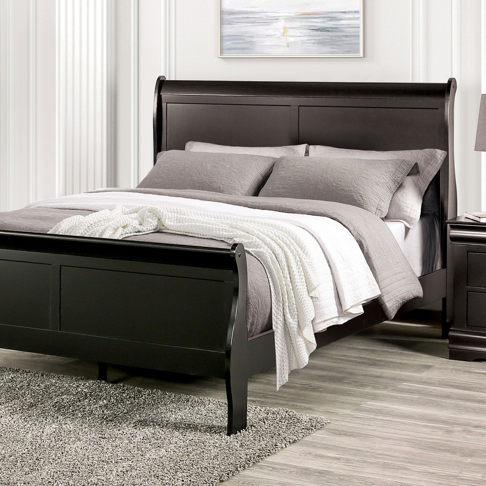 Queen Size Louis Philippe 4pc Bed Set Transitional Style Black Finish