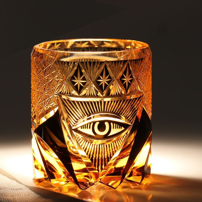 High-end Hand Carved Eye Pattern Edo Kiriko Glass Whisky Glass Amber Color