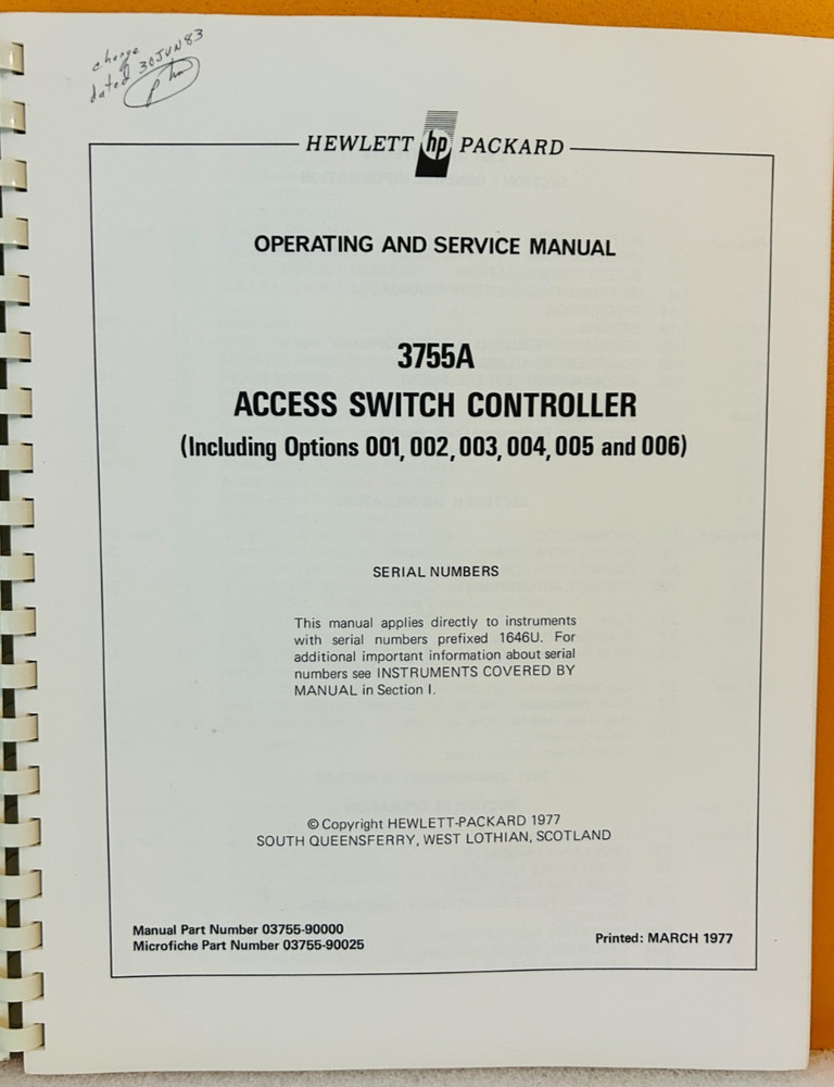 HP 03755-90000 1977 3755A Access Switch Controller Operating & Service Manual.