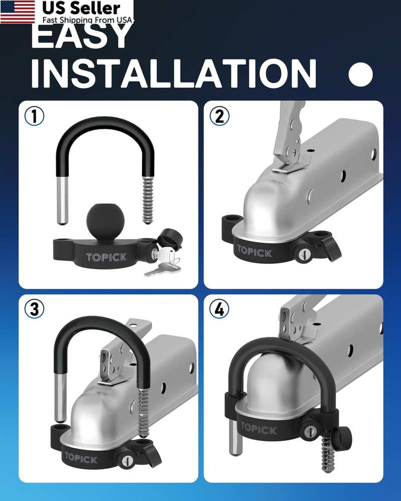 TOPICK Trailer Coupler Lock, Universal Ball Matt Black
