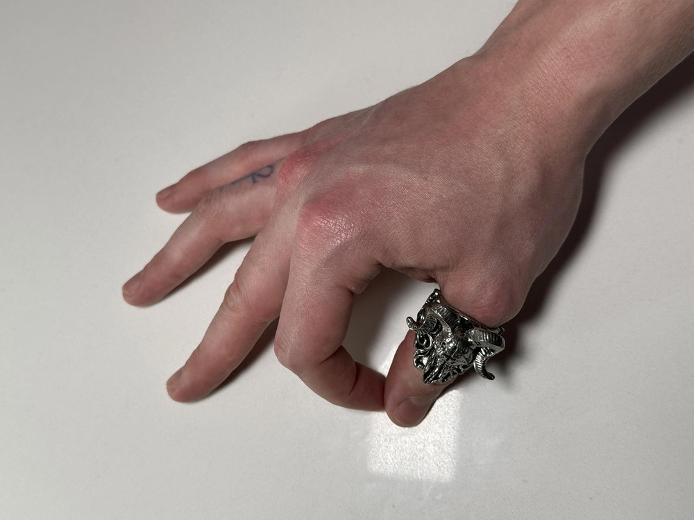 Intricate Silver Ram Skull Ring with Horns