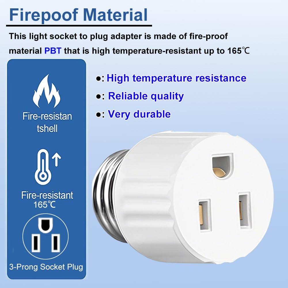 3 Packs Light Socket Plug Adapter,3 Prong to White