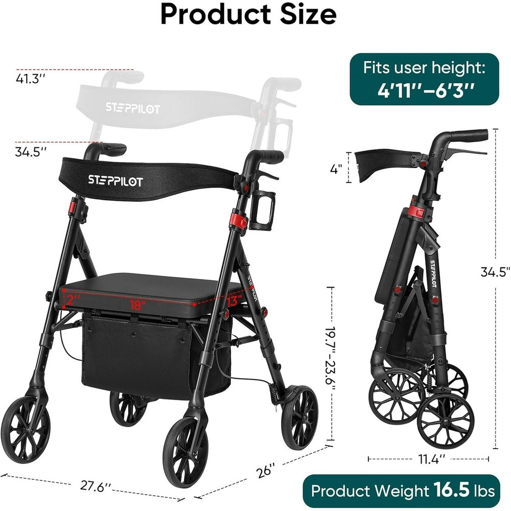 Portable Rollator Rolling Walker for Seniors with Seat & Backrest Max 500 Lbs