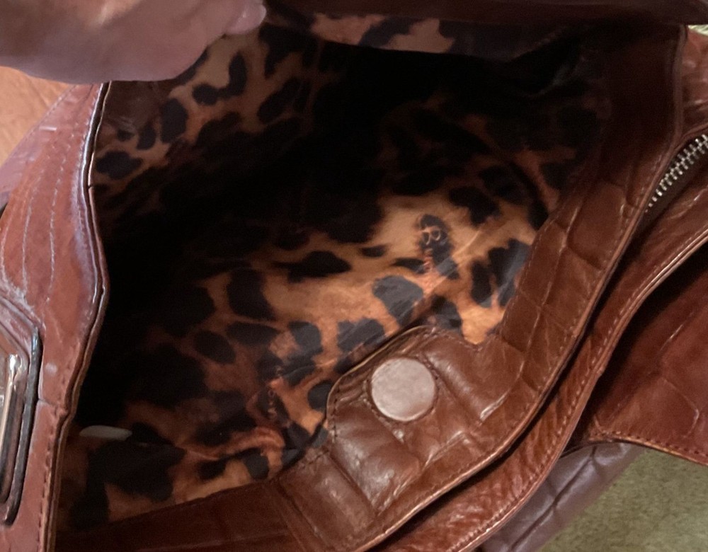 B. Makowsky Brown Leather Boho Bag With Leopard Print Lining & Dust Bag