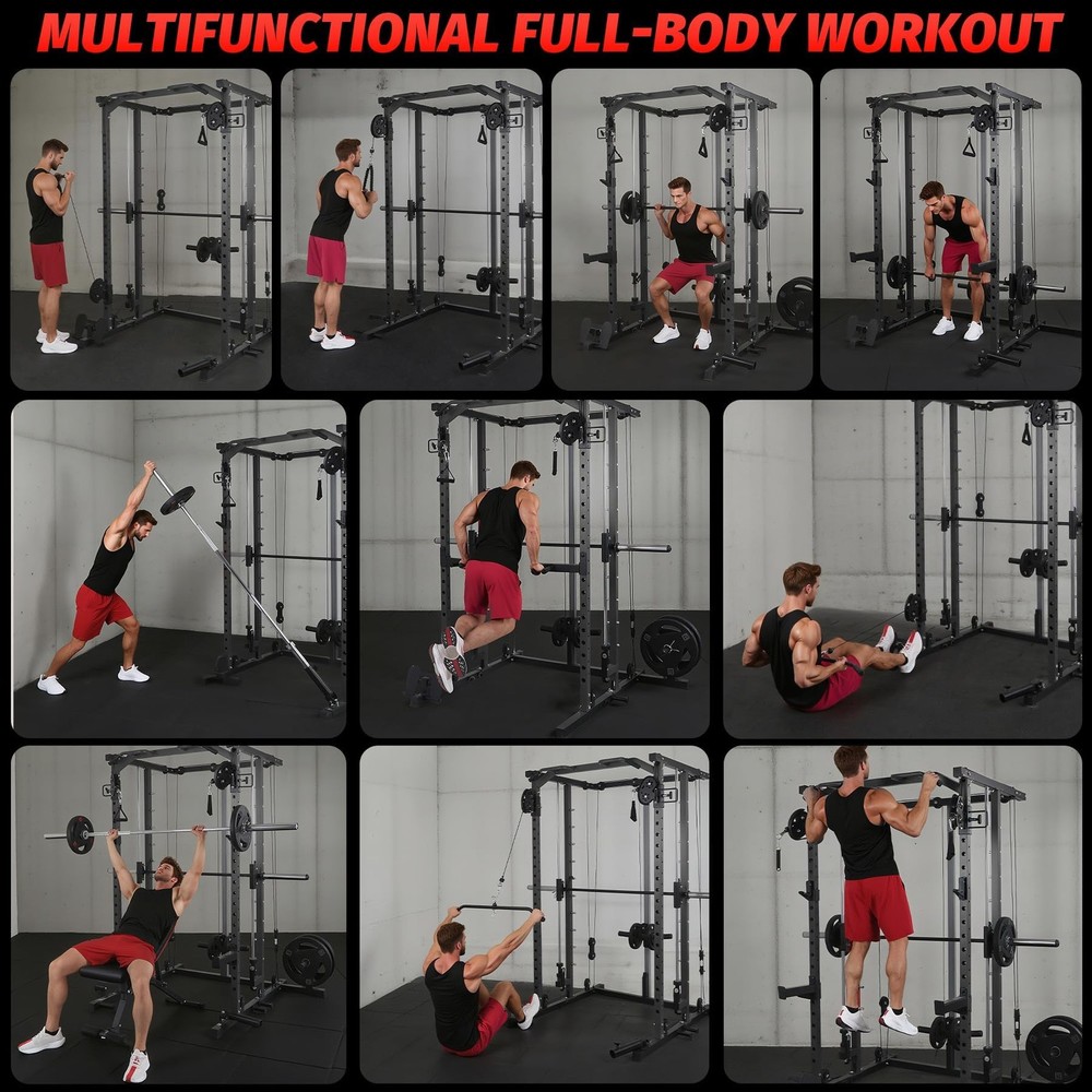 Smith Machine Power Cage Multifunctional Squat Rack Power Rack w/Pulley System