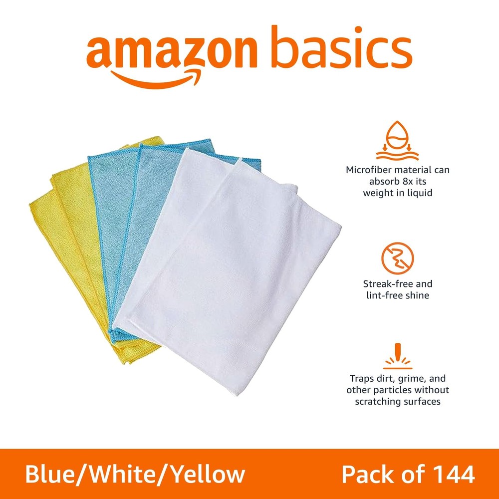 Amazon Basics Microfiber Cleaning Cloths for 144-Pack, Blue/White/Yellow
