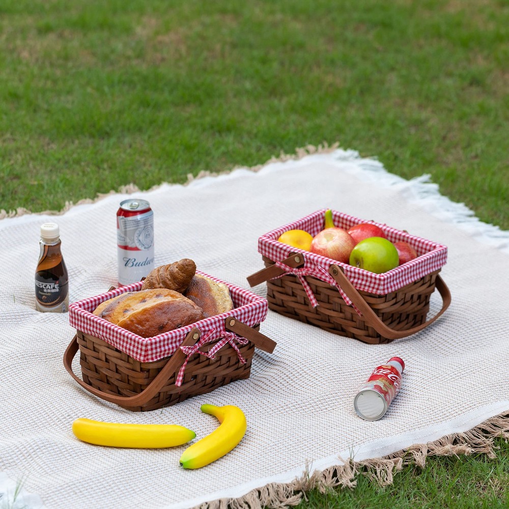 Wickerwise Small Rectangular Woodchip Picnic Baskets with Double Twin, Brown