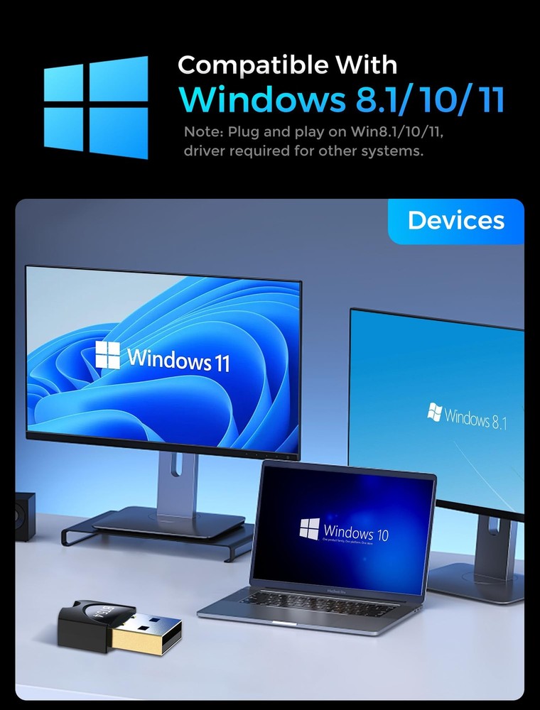 5.4 USB Bluetooth Adapter for PC, Dual Mode (BLE+EDR) Plug & Play, Up to 7 De