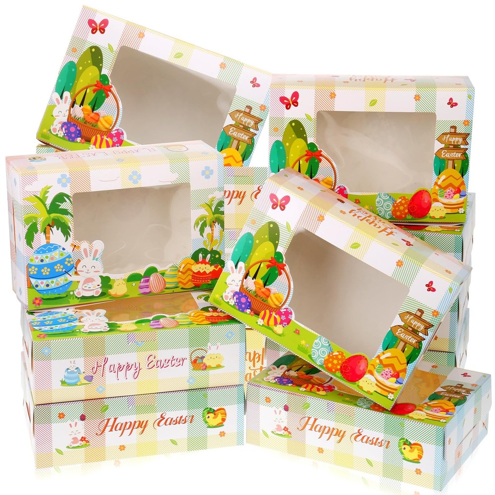 24Pcs Easter Cookie Boxes with Window, Easter Buffalo Plaid Cute Bunny Egg Co...