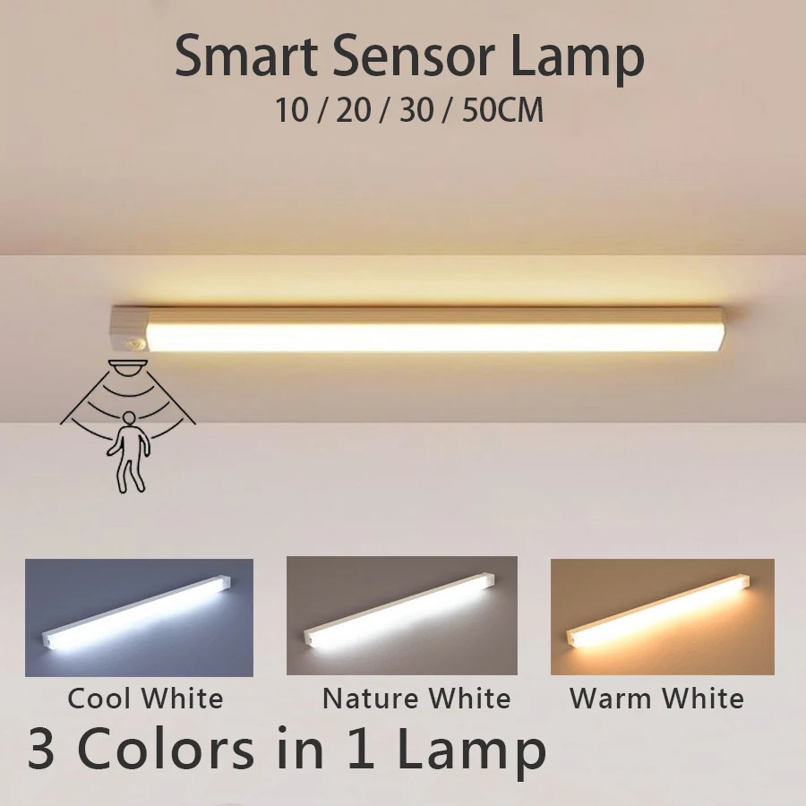 Wireless USB TypeC Rechargeable Motion Sensor LED Bar Light Induction Night Ligh