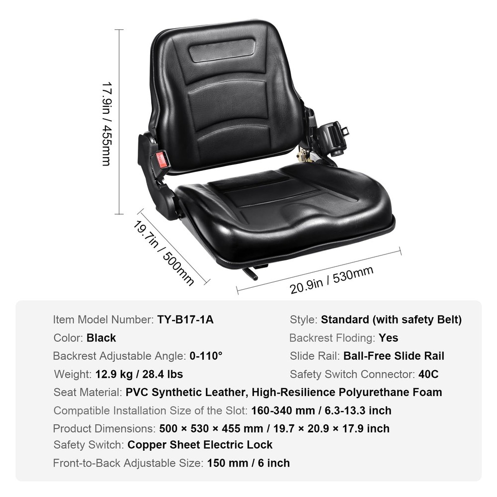 Universal Forklift Seat Fold-Down Tractor Seat Adjustable Back Angle Black