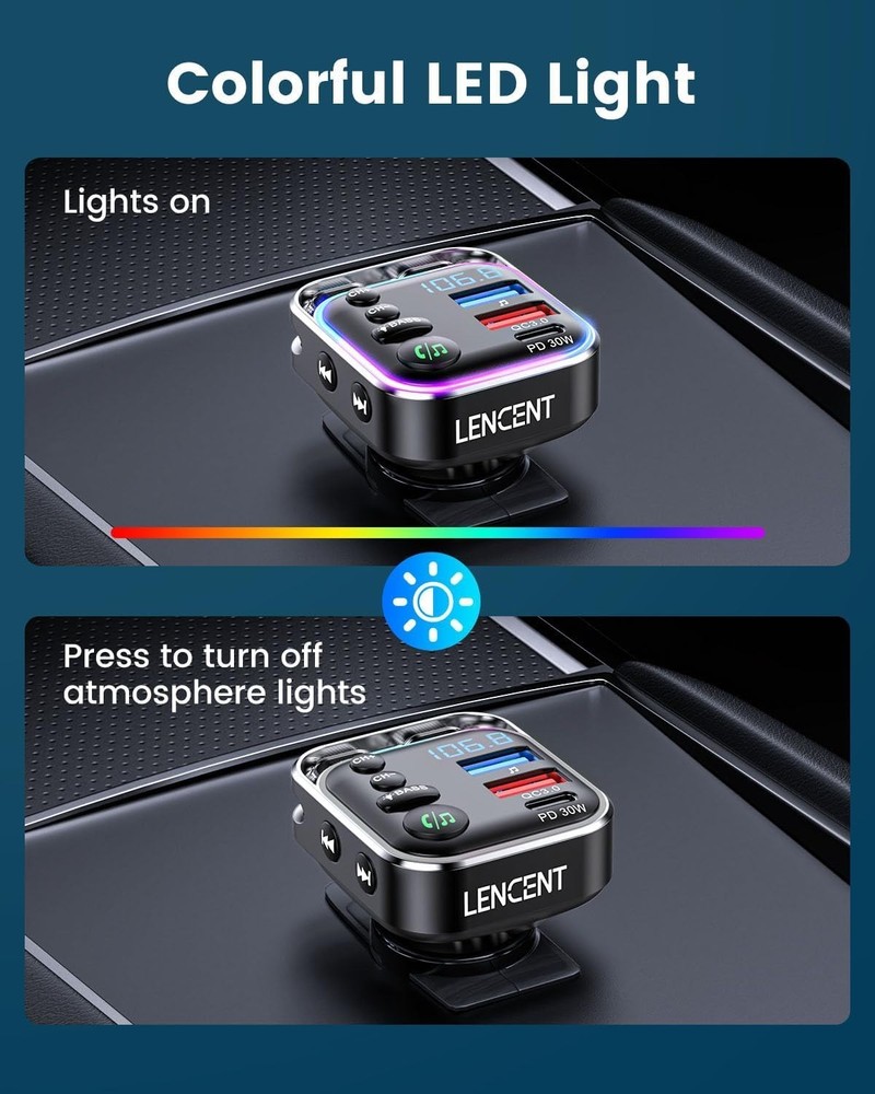 LENCENT Bluetooth 5.3 FM Transmitter Car Adapter 48W PD30W QC18W Fast Charge...