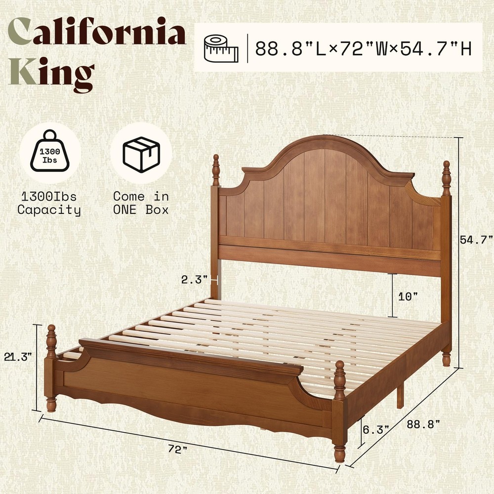 Solid Wood Queen Bed Frame with 56" Arched Headboard, Traditional Poste