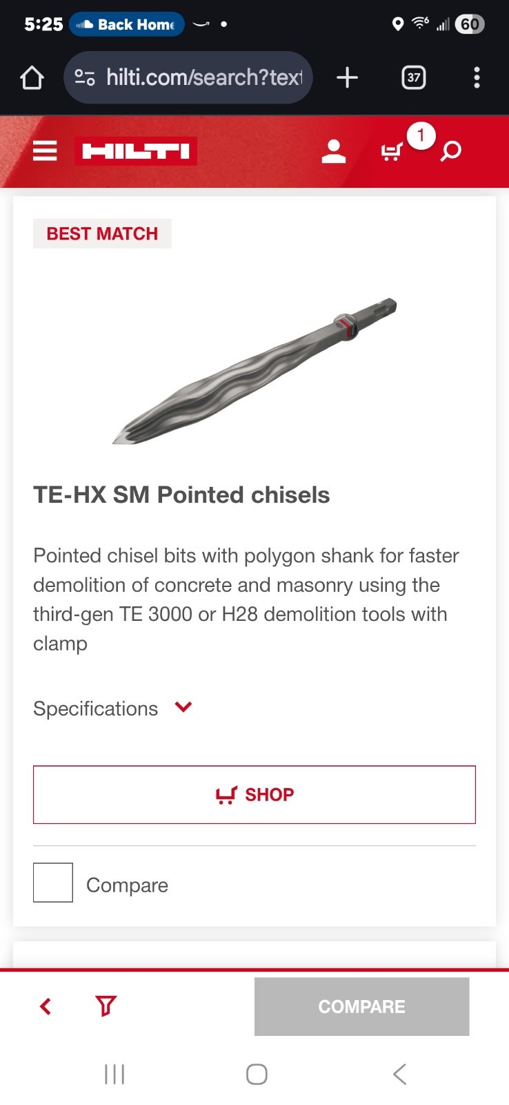 4pc Hilti TE-HX SM 40 Pointed Chisel Bit with 196.9 in TE 3000 Detachable P cord