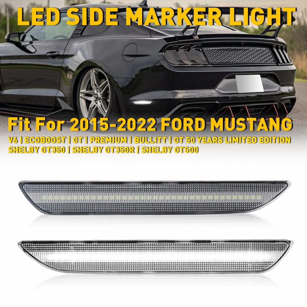 For 2015-2022 Ford Mustang LED Rear Bumper Side Marker Lights Clear Lens White