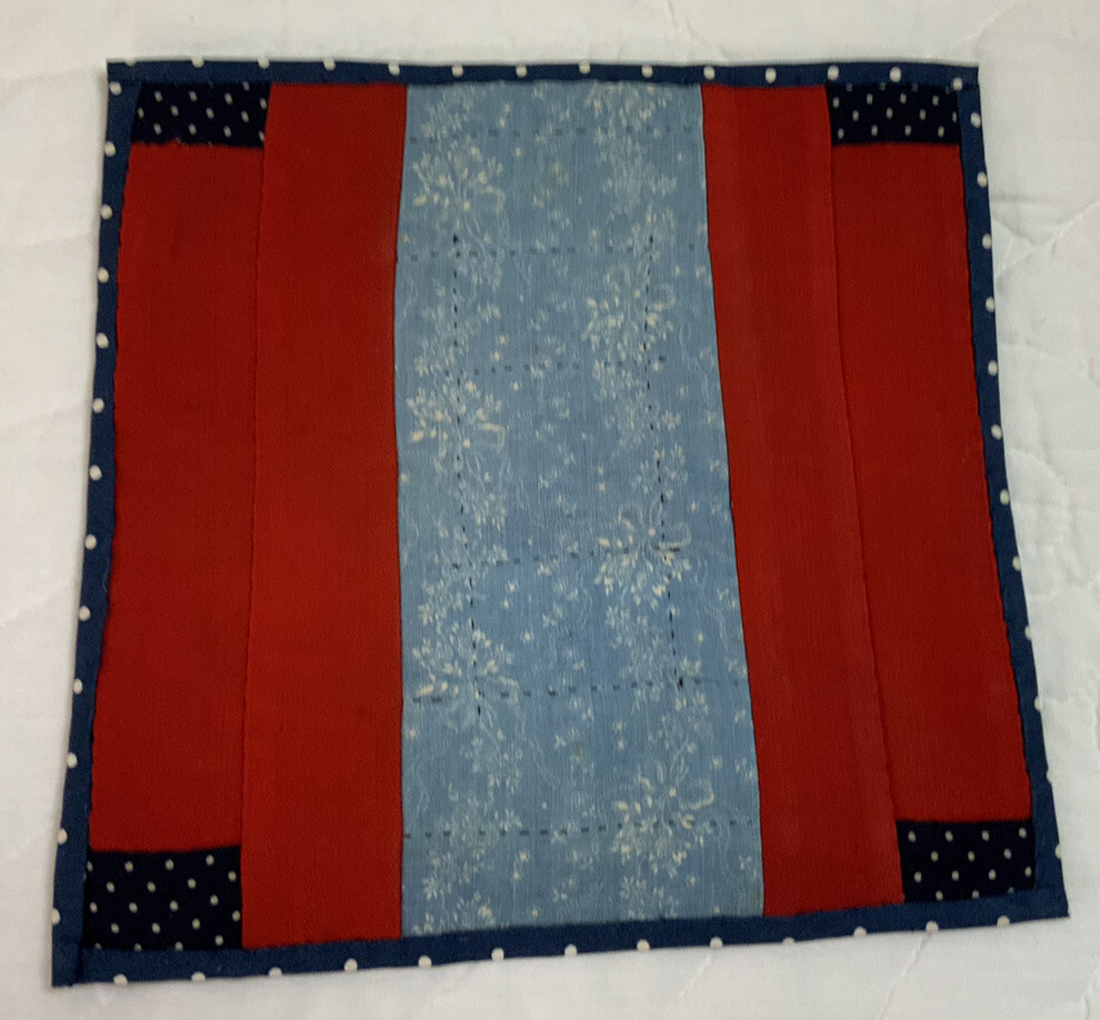 Vintage Antique Patchwork Quilt Table Topper, Log Cabin, Challis Wool, Red, Navy