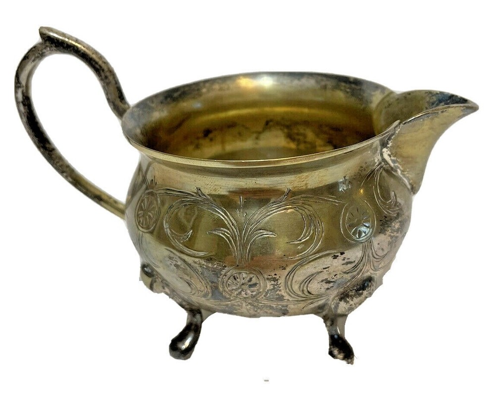 E.P.N.S. India Footed Small Cream Pitcher with Handle Silver Embossed Decorated