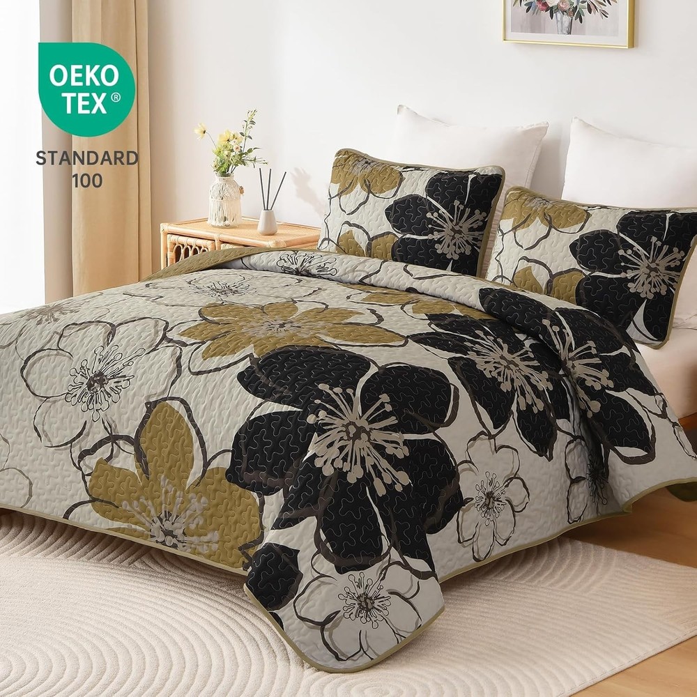 Reversible Microfiber Floral Quilt Set - Lightweight Queen Bedding Ensemble
