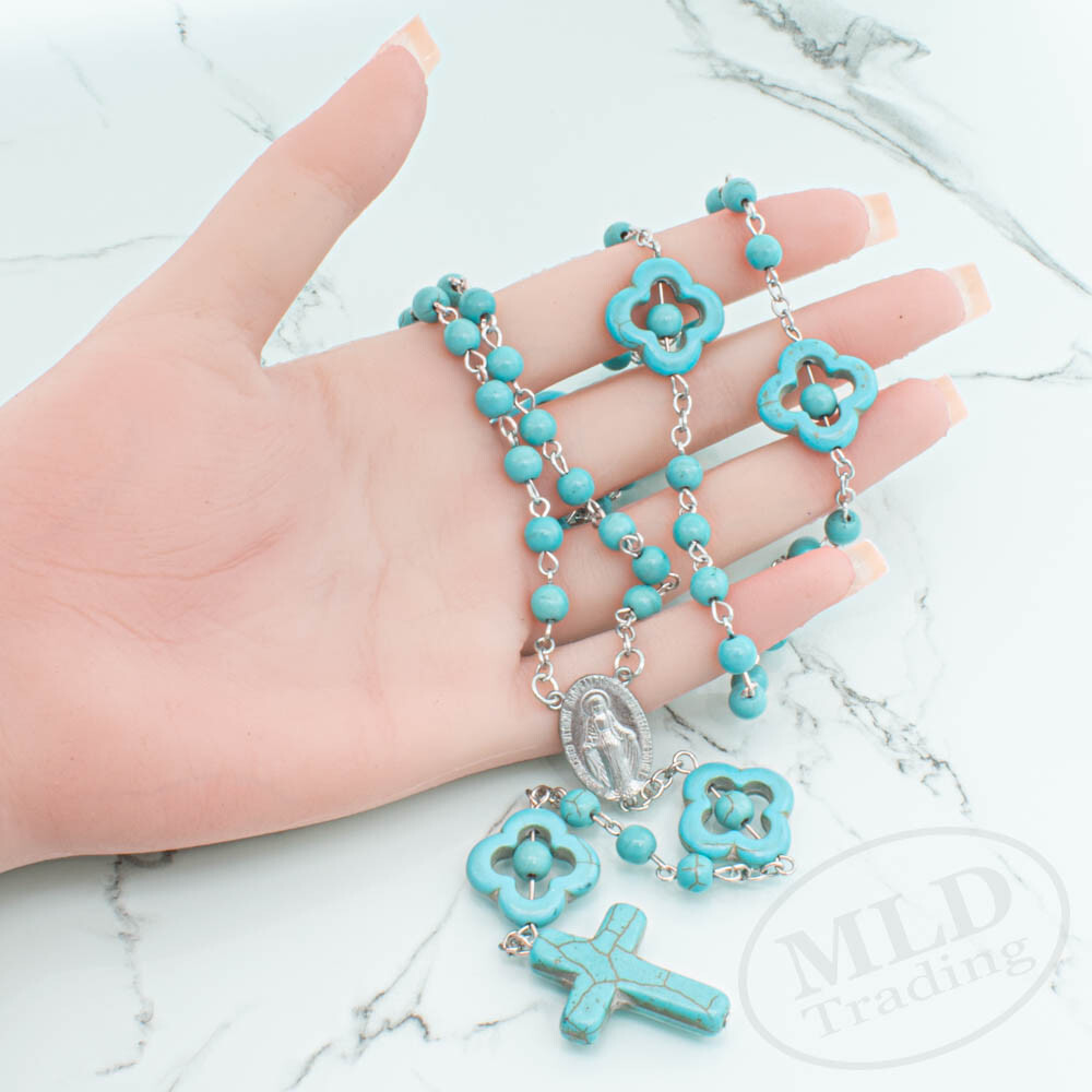 Turquoise Stone Bead Catholic Flower Rosary Necklace - 22" 7" Drop, Silver Chain