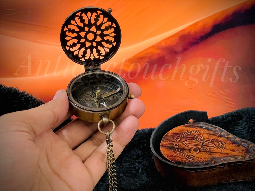 Personalized - "2" Brass Compass with Chain and Leather Case - Thoughtful Gift