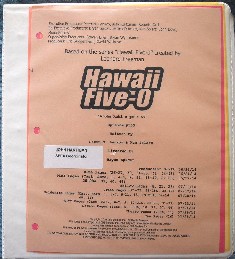 2014 Hawaii Five-O "A ohe kahi A Pe'e ai" Original Script + Shooting Schedule