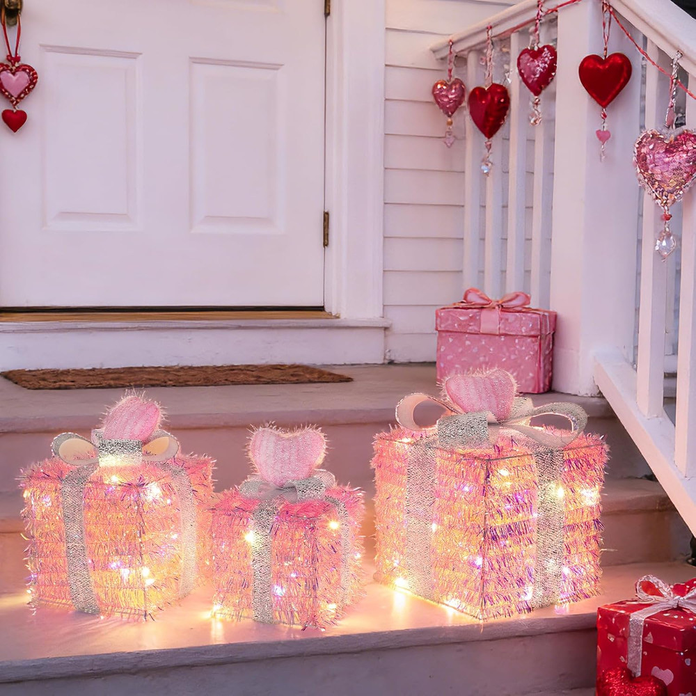 Pink Valentine's Lighted Gift Boxes with Timer, 60 LED, 3 Pack Decor