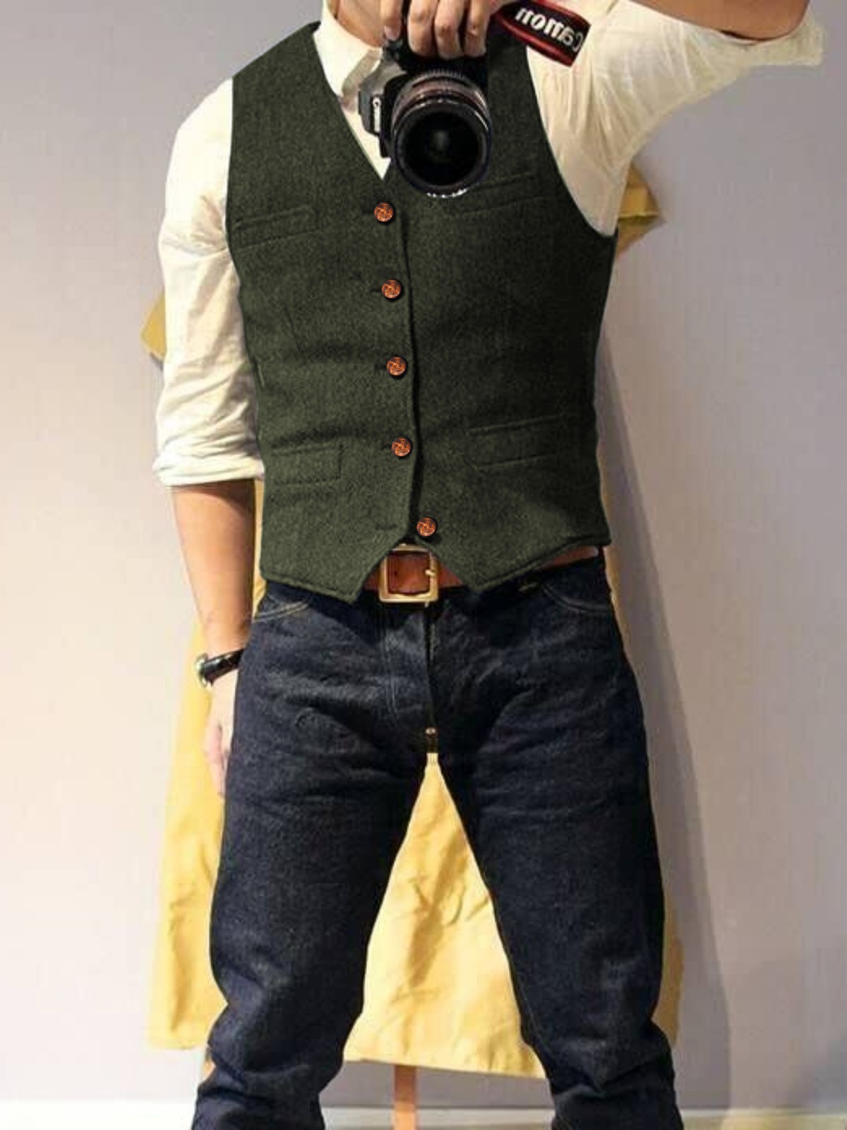 Mens Tweed Vest Retro Herringbone Western Cowboy Groom Formal Dress Waistcoat