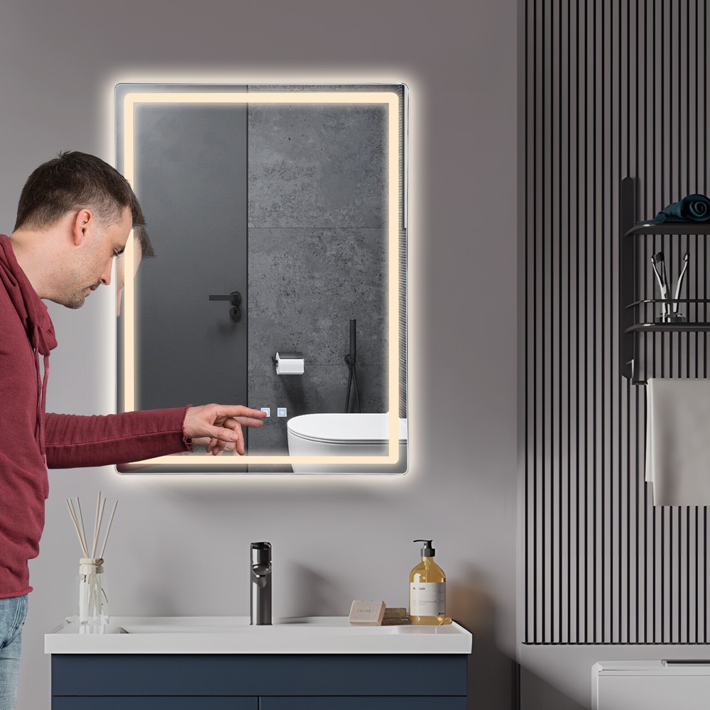 LED-Bathroom-Mirror Rectangular Dimmable Anti-Fog Mirror w/ Light Wall Mounted