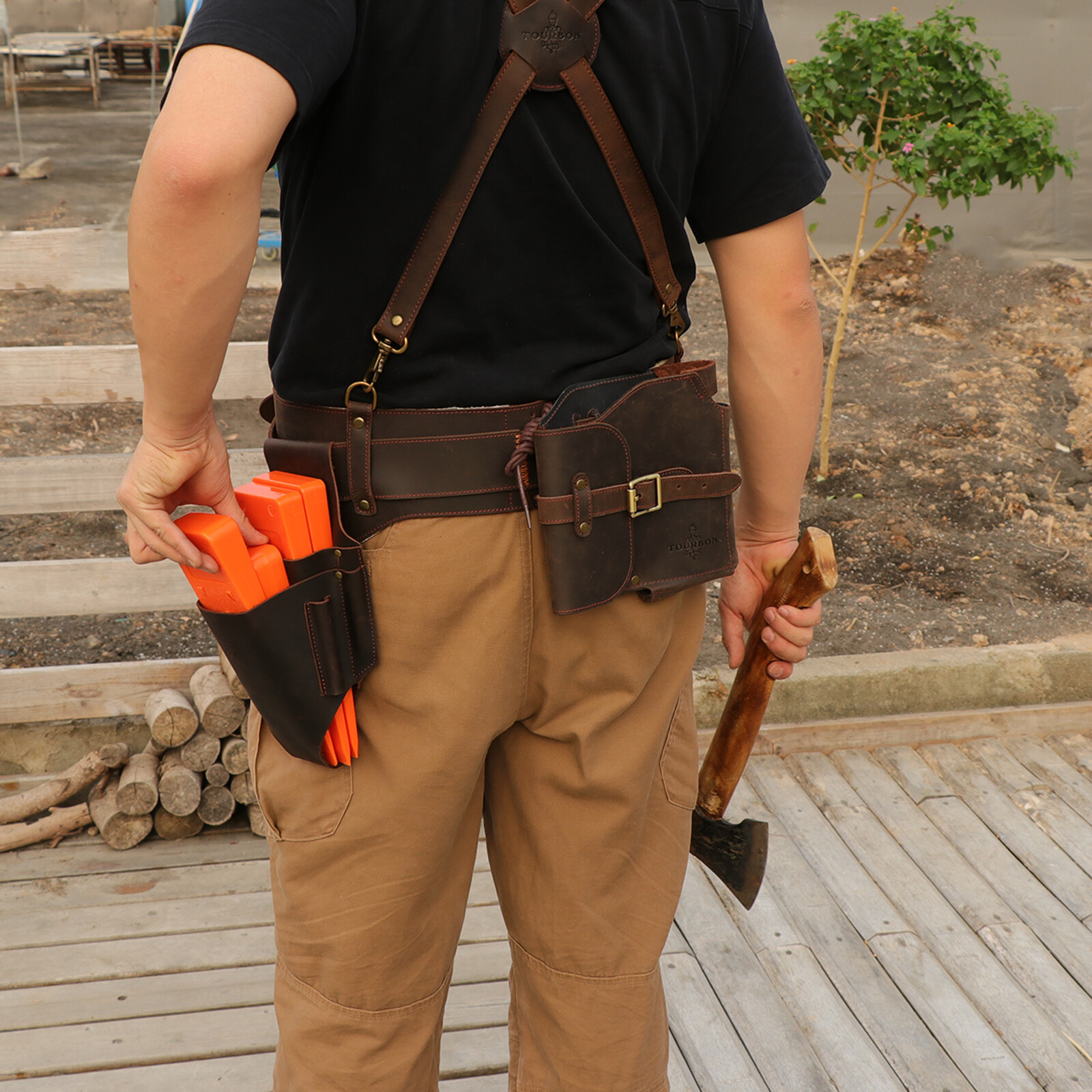 TOURBON Leather Logging Belt Kits Felling Tools Carry Suspenders Adjustable Gift