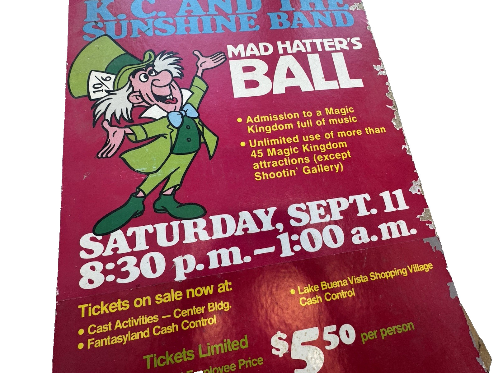 Rare Disney Mad Hatter's Ball Display Sign Strabuck Sylvers KC Sunshine Band 29"
