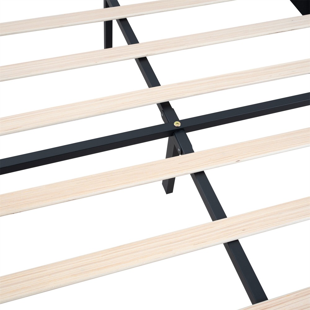 Queen Size Bed Frame Upholstered Platform Bed Frame w/ Headboard Drak Grey