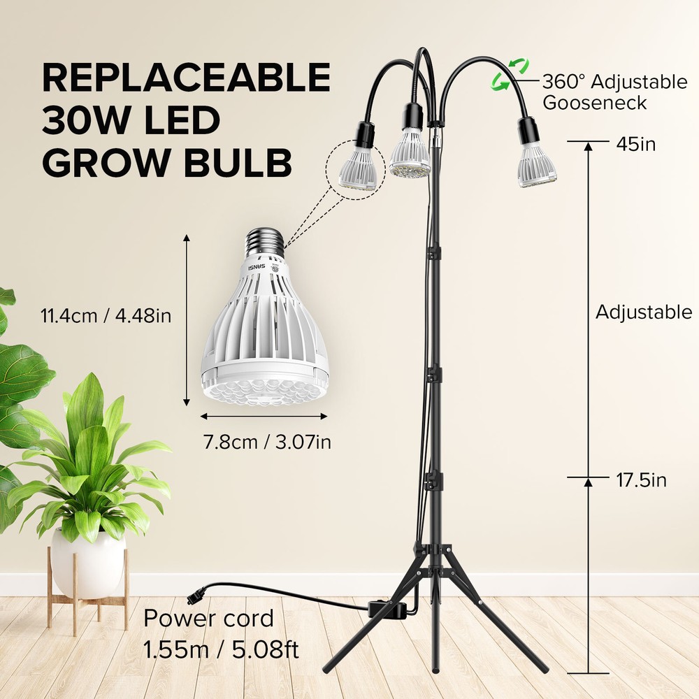LED Grow Light with Adjustable Tripod Stand Full Spectrum with Replaceable Bulbs