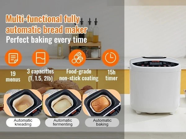 VEVOR 2LB 19-in-1 Bread Maker Automatic Compact Dough Machine Nonstick White