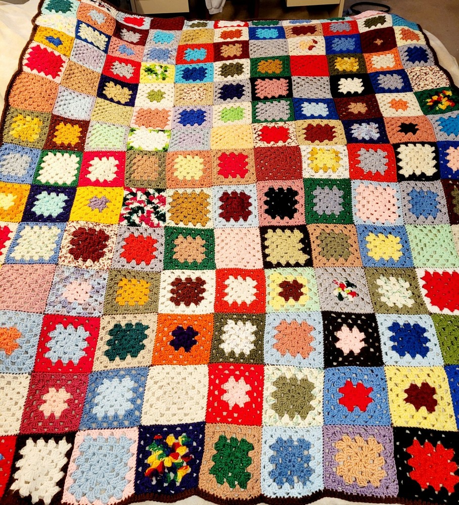 Large Retro/Boho Handcrafted Granny Square Colorful 72"× 72" Style Afghan