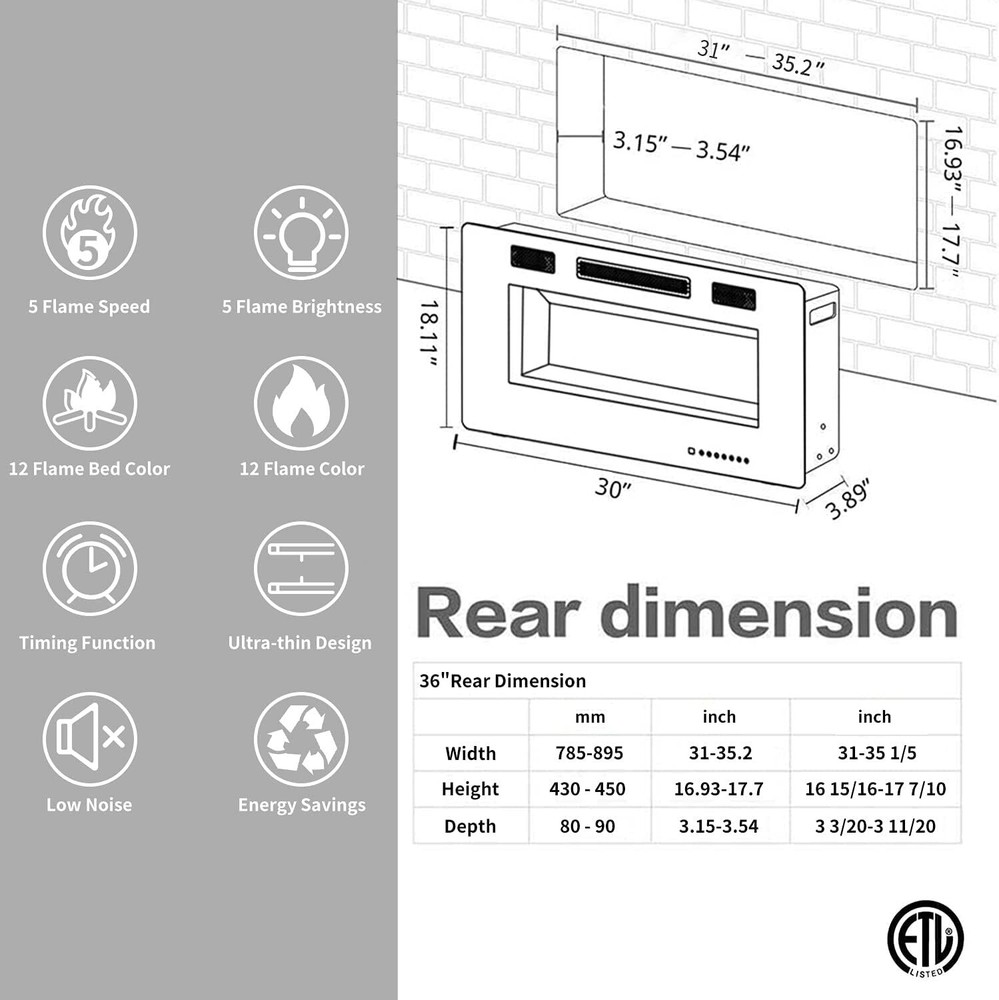 Electric Fireplace 36'' with Remote with Adjustable Flame Brightness & Speed