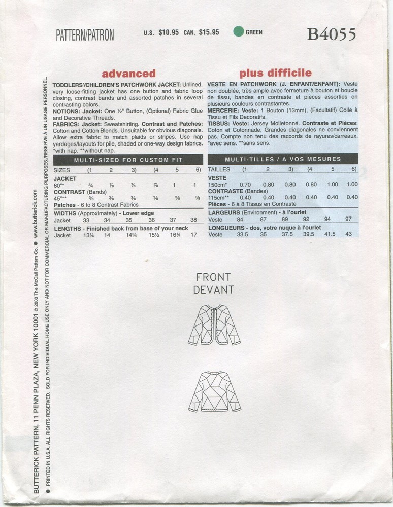 Butterick B4055 Patchwork Jacket Girls Sewing Pattern Uncut Size 4 5 6