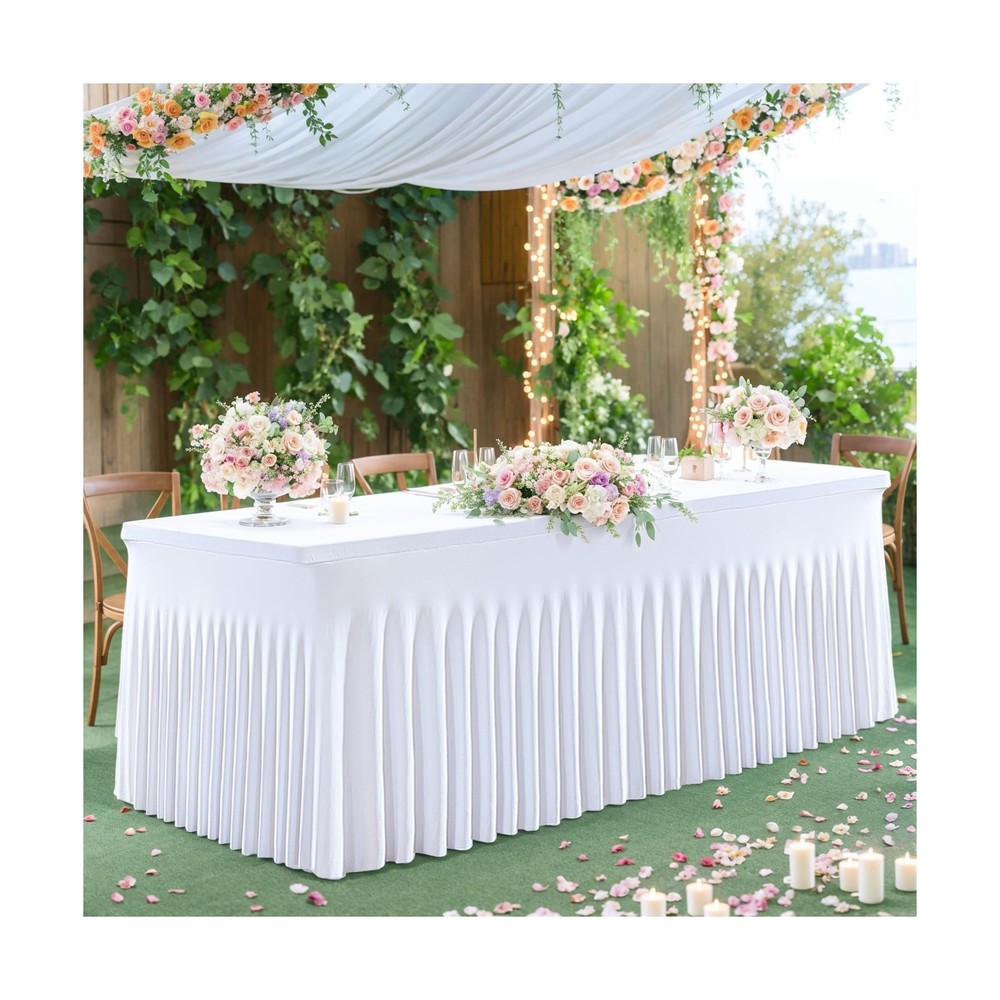8 Pack White Table Cloth for 6 Foot Rectangle Tables Spandex Fitted Tableclot...