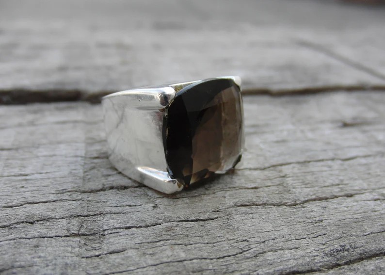 Solid 925 Sterling Silver Natural Smoky Quartz Cushion Cut Stone Statement Ring