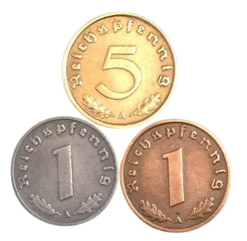 WWII Germany Coin Set 1 Rp Zinc, 1 Rp Bronze, and 5 Rp Coins (1936–44) Authentic