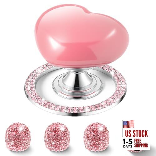 Push Start Button Cover, Ceramic Heart Button, Bling Crystal Ring, 4-Pack Pink