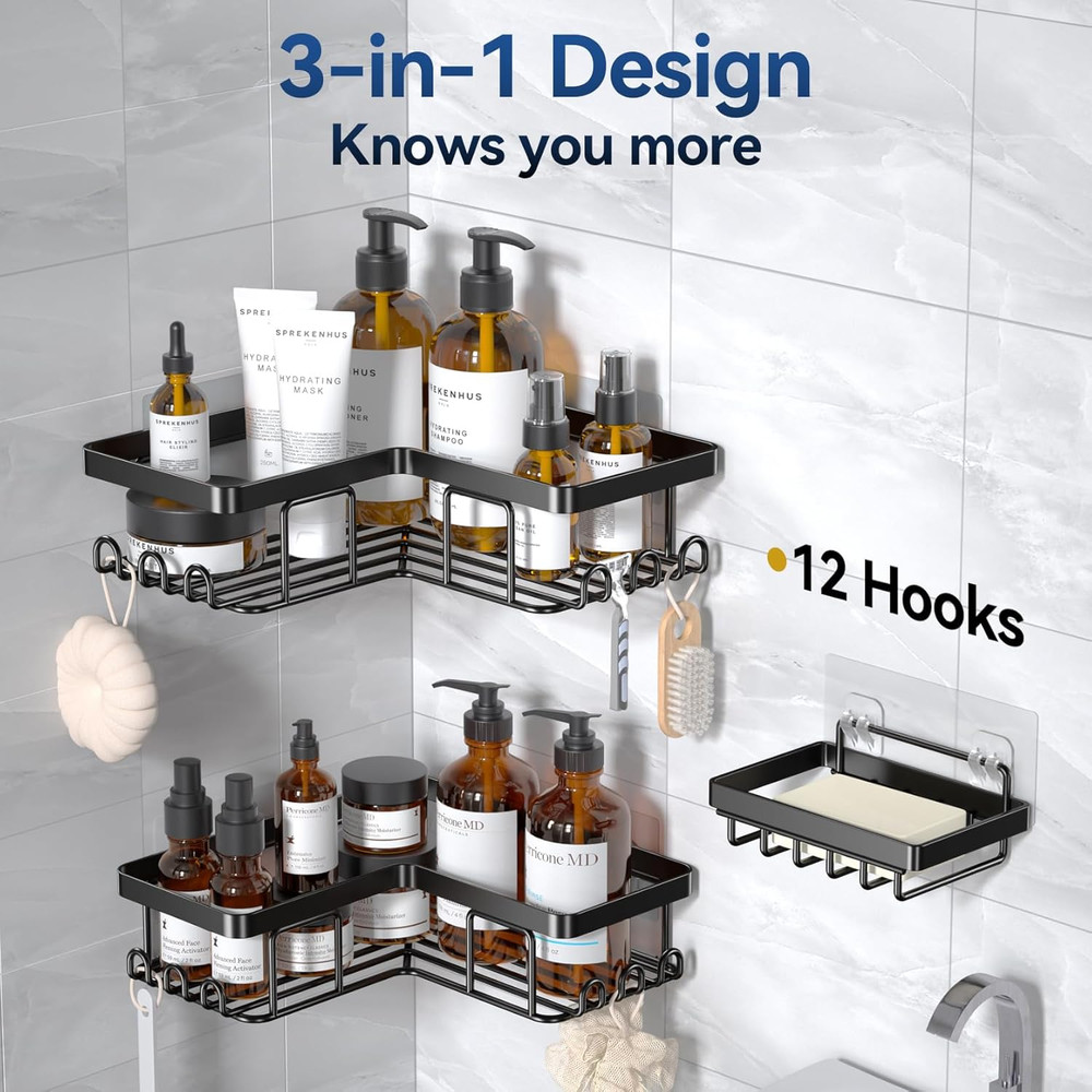 Rustproof Stainless Steel Corner Shower Caddy with Hooks - 3-Pack