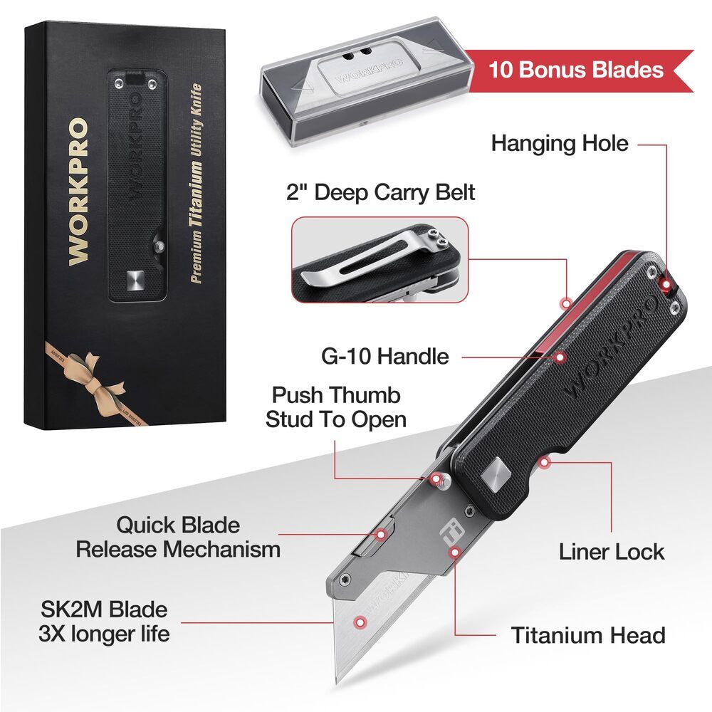 WORKPRO Titanium Folding Utility Knife CNC Unibody Quick Change Blade Box Cutter